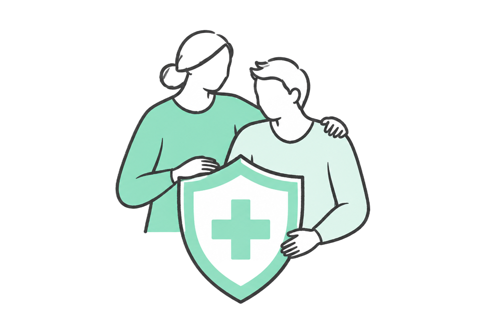 Critical illness support Two people supporting each other beside a protective health shield