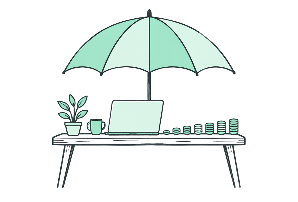 Income protection Work desk and regular income sheltered by an umbrella