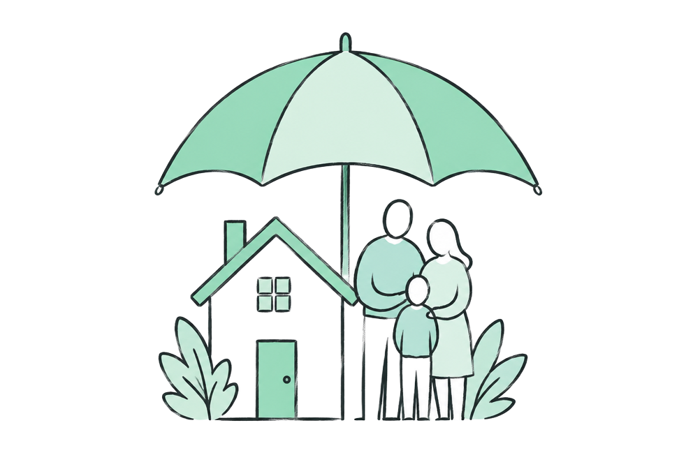 Family and home sheltered by an umbrella