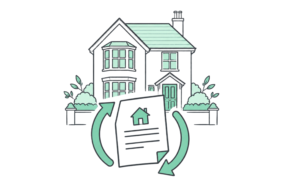 Mortgage document and review arrows in front of a home