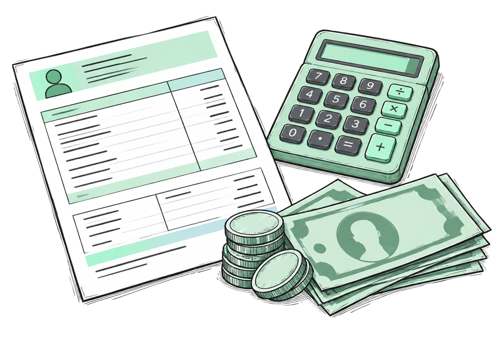 Payslip, calculator, coins and banknotes