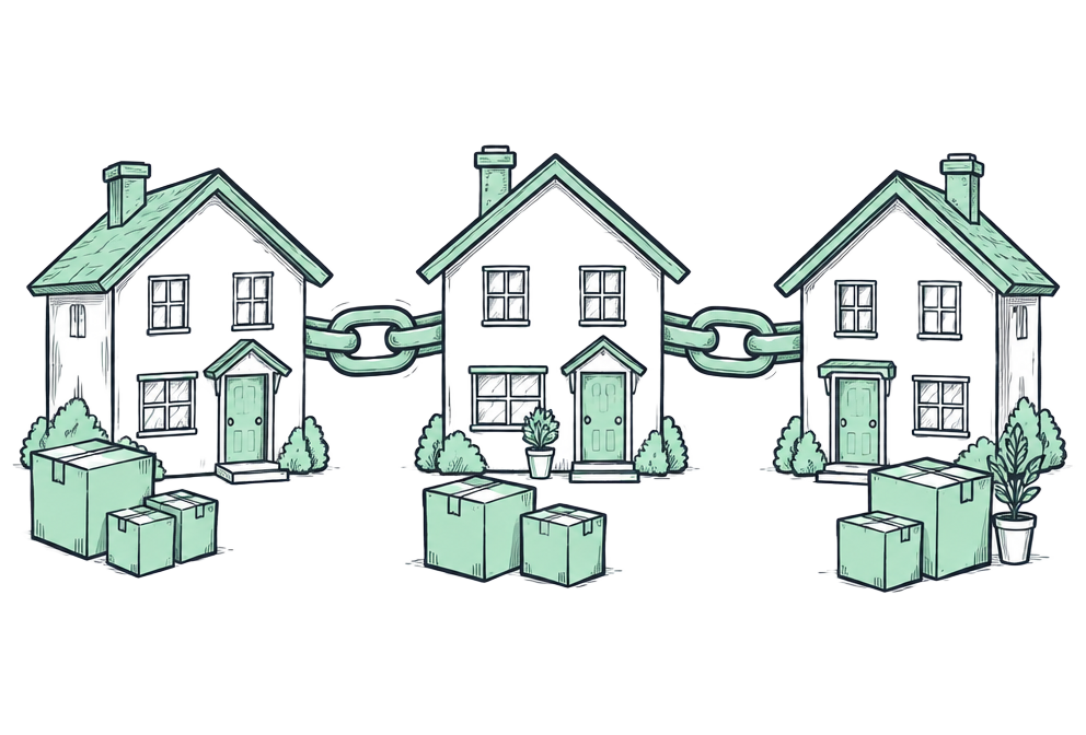 Three houses linked by a chain with moving boxes