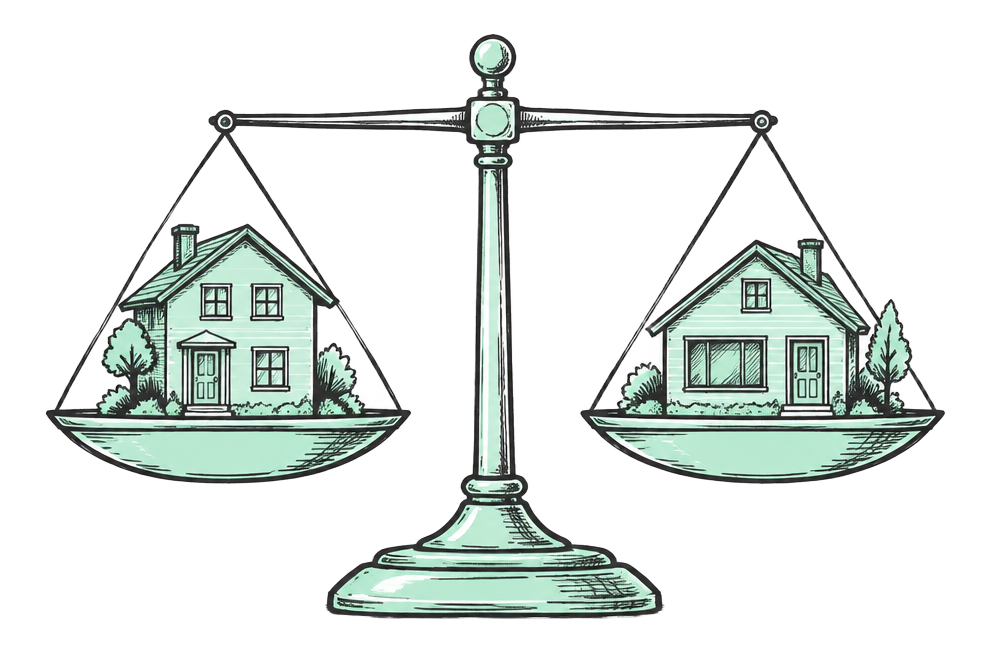 Balance scales weighing two houses