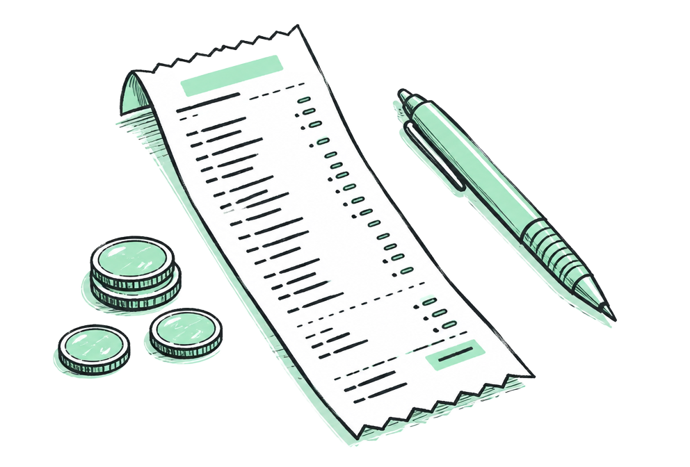 Itemised receipt with a pen and coins