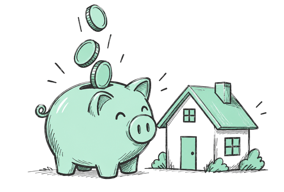 Piggy bank filling with coins beside a house