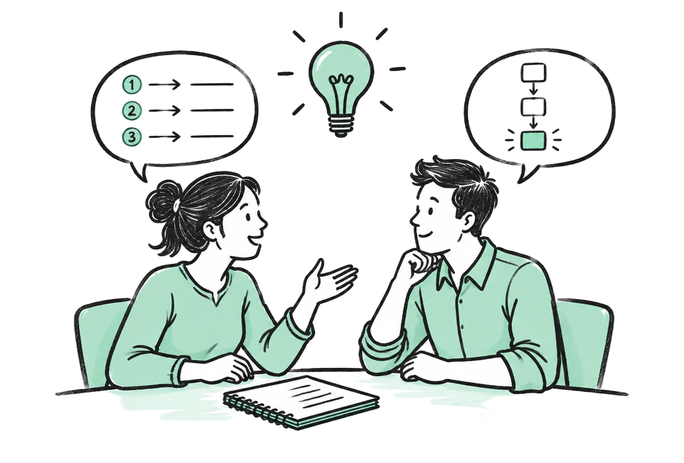 Two people talking through an example at a table