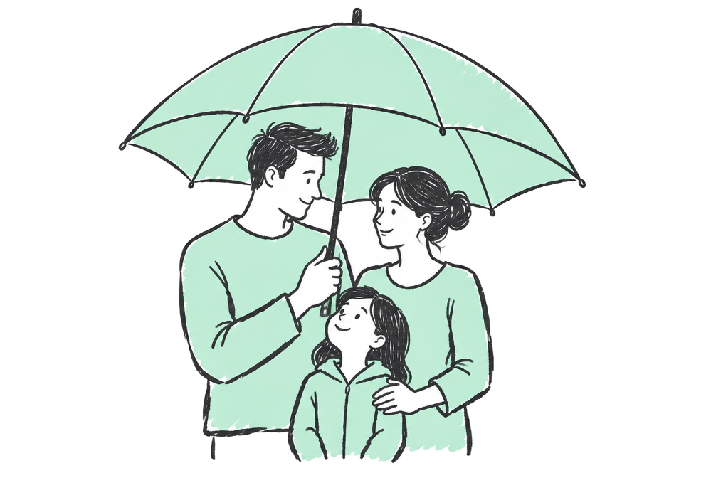 Family sheltering under an umbrella