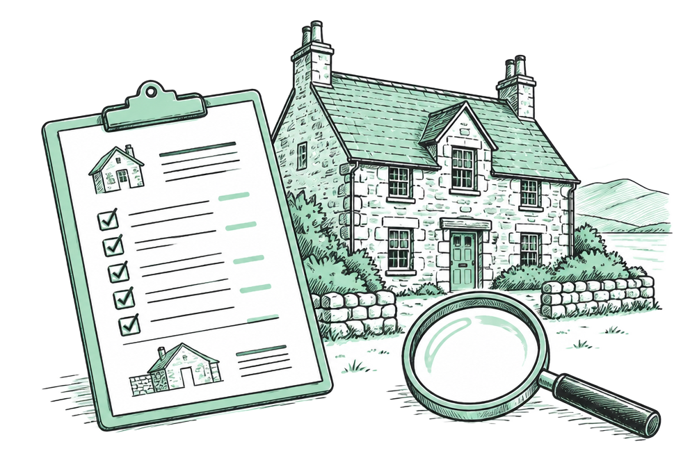 Survey report clipboard beside a Scottish stone house