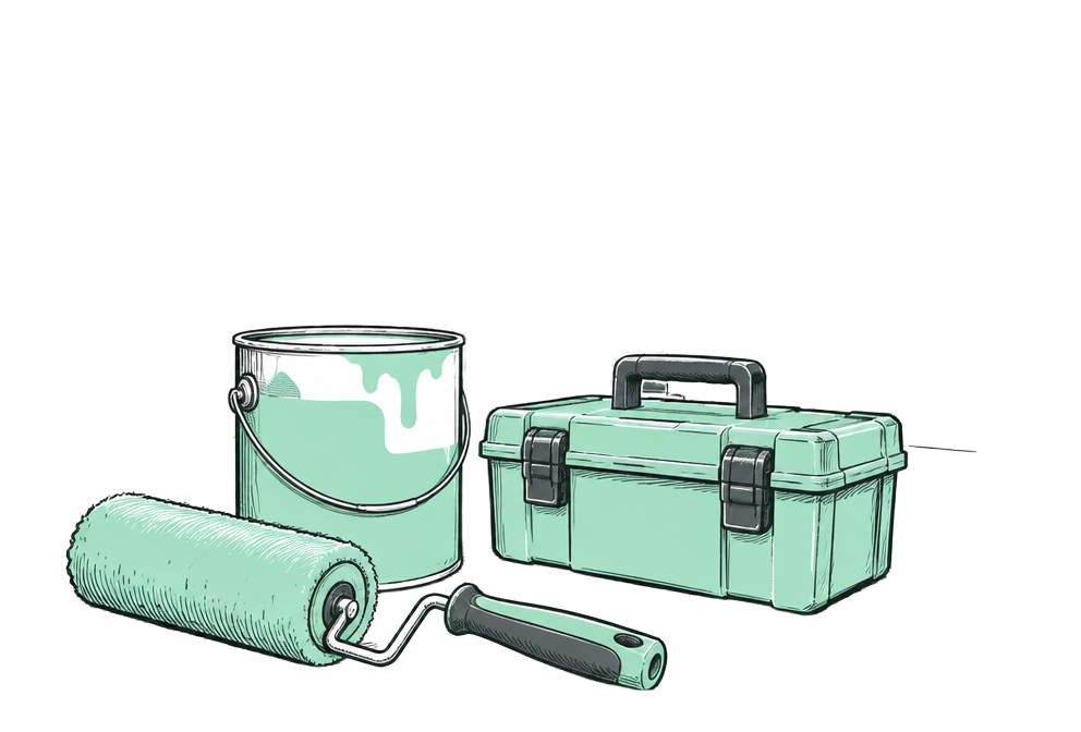 Paint roller, paint tin and toolbox