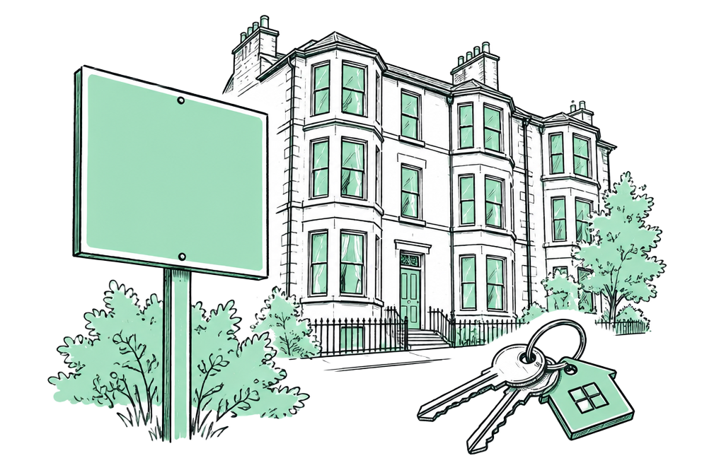 Letting sign outside a tenement building with keys