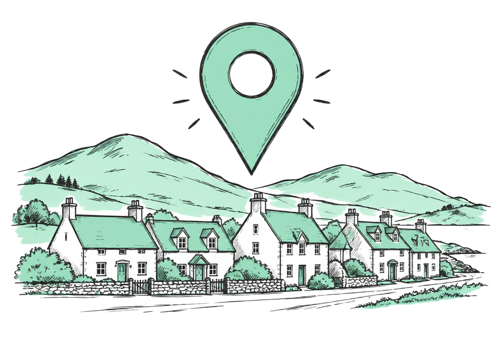 Map pin above Scottish village houses