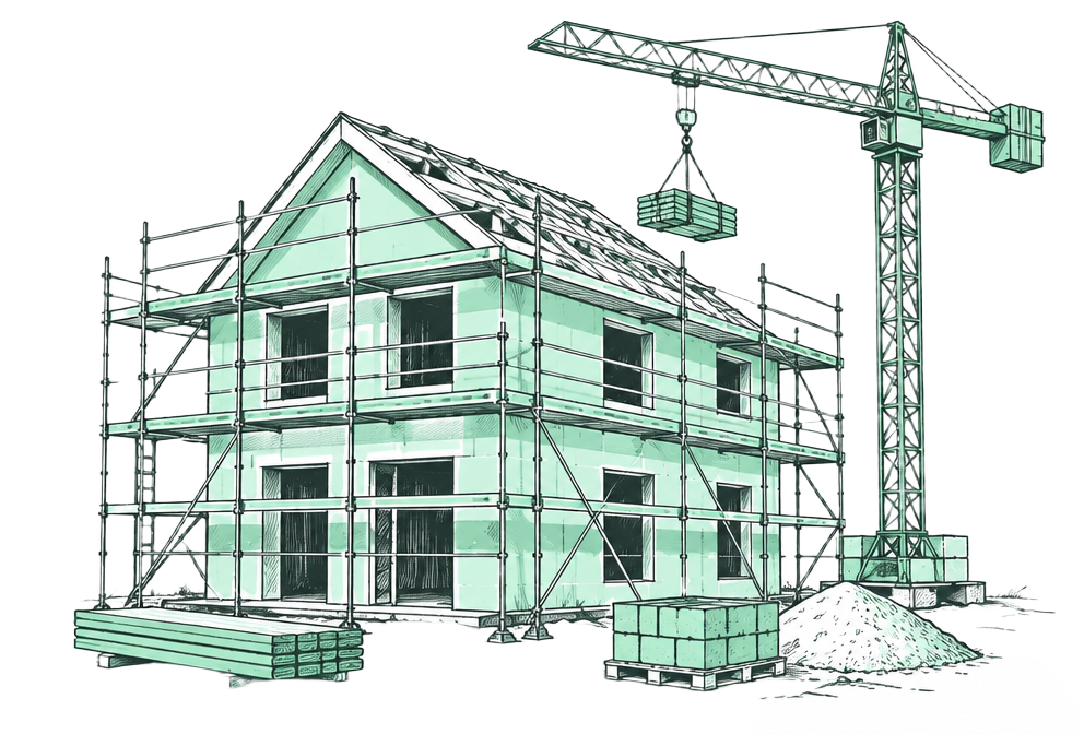 New-build house under construction with a crane