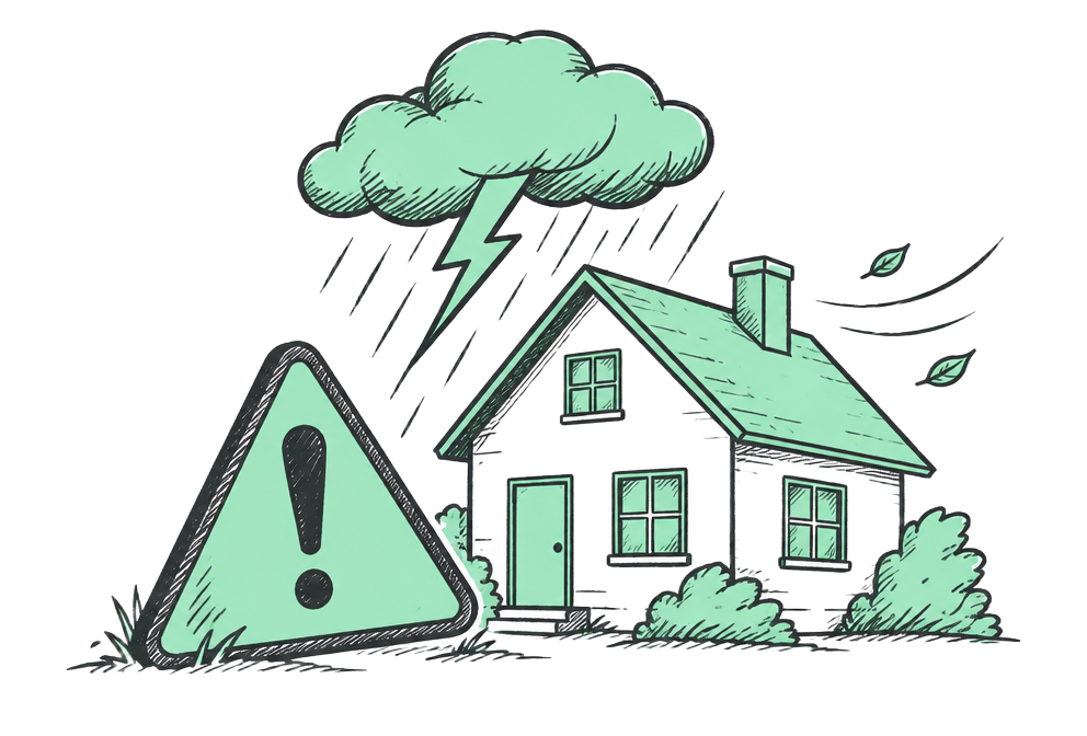 Caution sign beside a house under a storm cloud