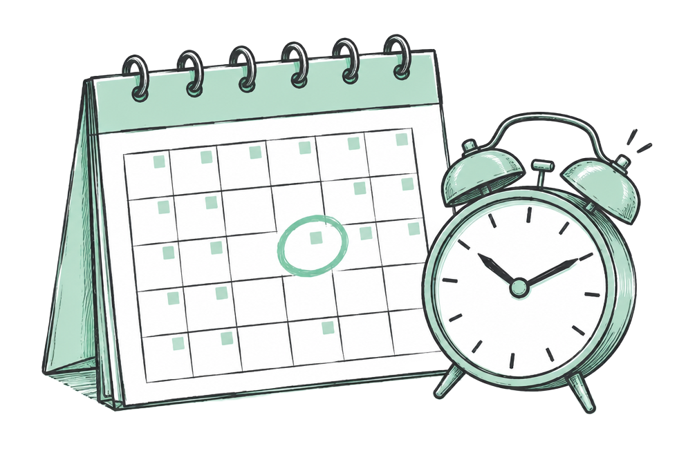 Calendar with a circled date and an alarm clock